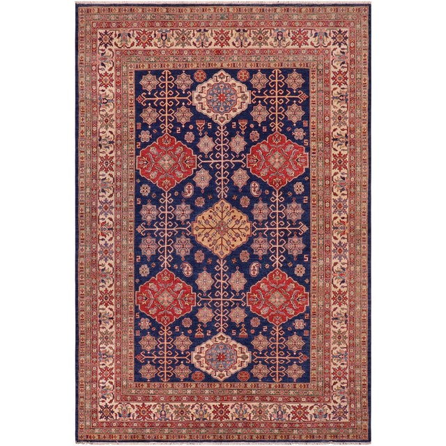 Boho Chic Super Kazak Blue/Beige Wool Rug - 7'10'' X 10'1'' For Sale - Image 10 of 10
