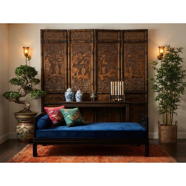 Asian Vintage Finish Openwork Figural 4 Panels Wood Floor Screen Room Divider For Sale - Image 3 of 13
