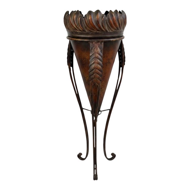 Vintage Tole Metal Floor Planter Jardinière With Leaf Motif For Sale