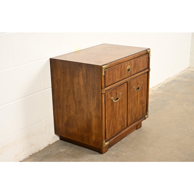 Drexel Heritage Drexel Heritage Mid-Century Modern Hollywood Regency Campaign Walnut Nightstand, 1970s For Sale - Image 4 of 17