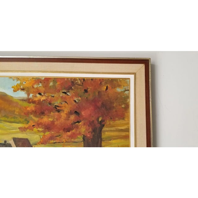 Orange 70's Vintage Rural Homestead Landscape Oil Painting For Sale - Image 8 of 12