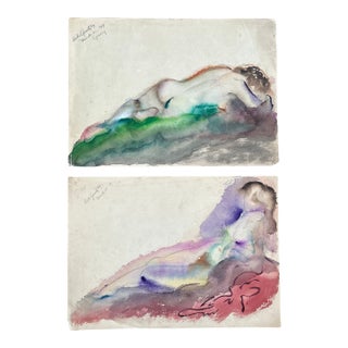 Two 1930’s Original Abstract Expressionist Nude Female Figure Watercolor Paintings - Set of Two For Sale