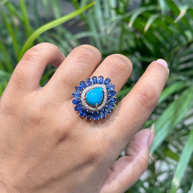 Art Deco 14k Yellow Gold 8.41ct Turquoise, Blue Sapphire & Diamond Floral Art Deco Ring Size 6.5 For Sale - Image 3 of 18