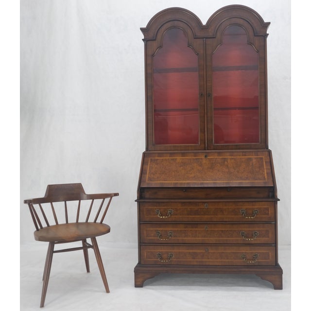 Double Bonnet Dome Top Burl Wood 3 Drawer Drop Front Secretary Desk 1900s Clean! For Sale - Image 11 of 17