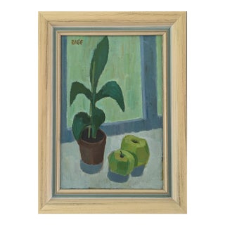 Mid-Century Modern 'Plant Pot & Apples' Vintage Swedish Original Still Life Oil Painting, Framed For Sale