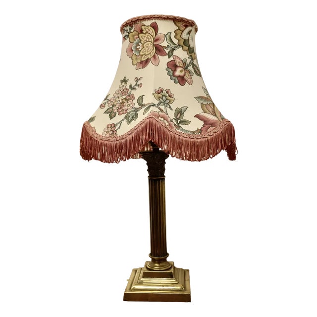 Corinthian Column Brass Table Lamp with Scalloped Linen Shade, 1920s For Sale