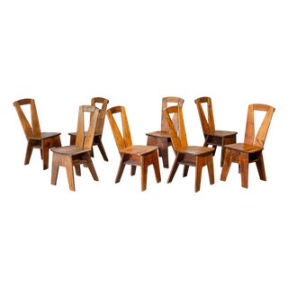 1970s French Modern Brutalist Dining Chairs After Pierre Chapo - Set of 8 For Sale