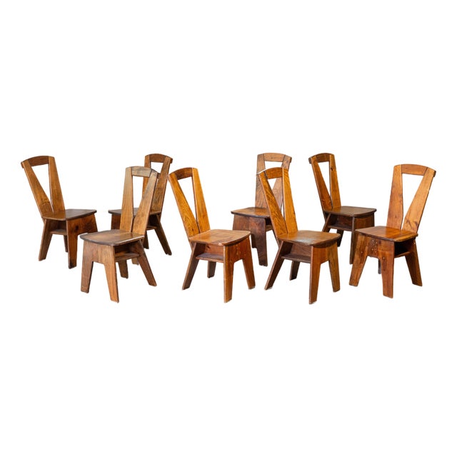 1970s French Modern Brutalist Dining Chairs After Pierre Chapo - Set of 8 For Sale