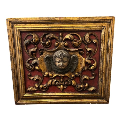 Antique Giltwood Carved Panel With Cherub Motif