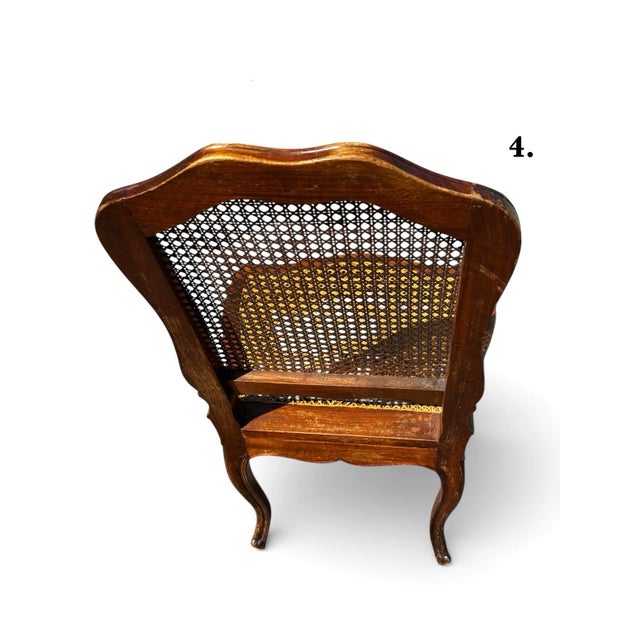 Set of 4 Mid 20th Century French Louis XV Style Walnut Caned Dining Chairs — Handwoven Cane Seats & Backs For Sale - Image 4 of 12