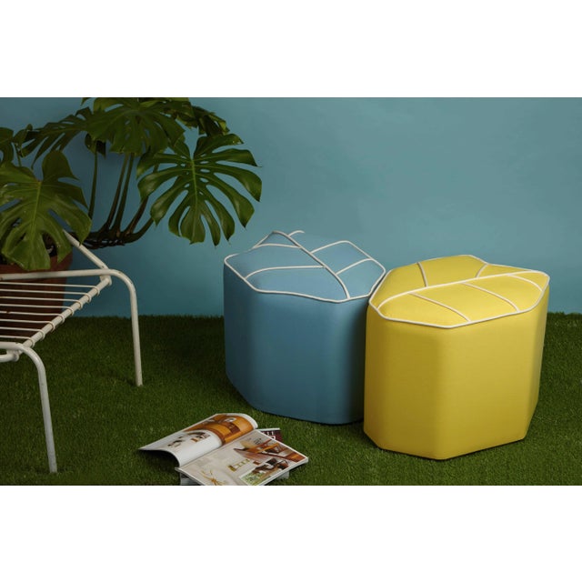This outdoor weatherproof handmade pouf is inspired by Mediterranean colors and upholstered with high-quality Sunbrella...