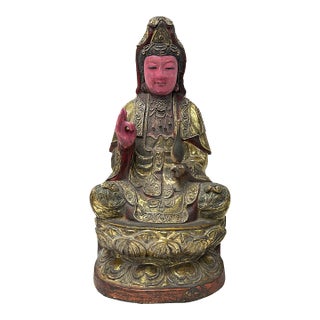 Vintage Chinese Pink Face Holy Bottle Lotus Base Wood Kwan Yin Bodhisattva Statue For Sale