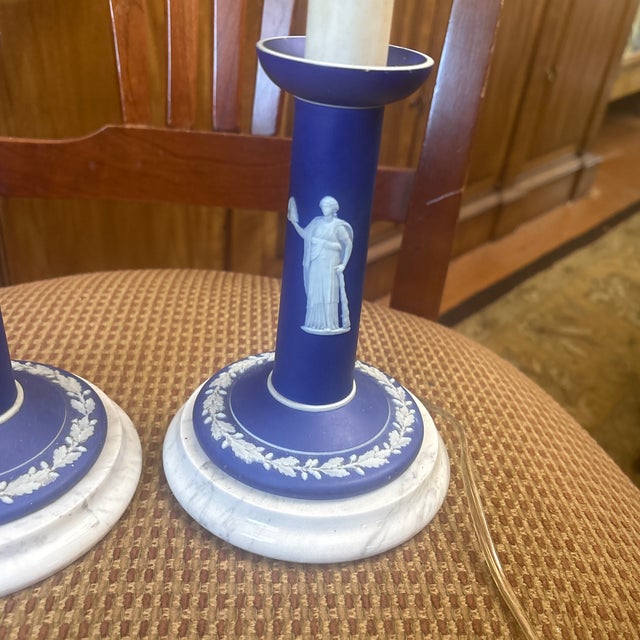 1970s Wedgwood Blue Candlestick Lamps - a Pair For Sale In Reno/Lake Tahoe - Image 6 of 7