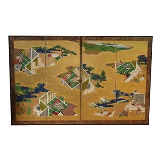 1800s Japanese Four Panel Screen Picture Genji Tokugawa W Letter of Authenticity For Sale