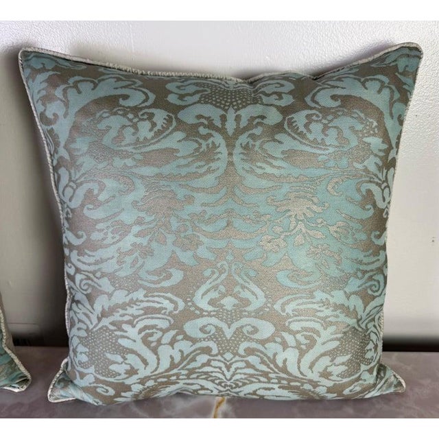 Traditional Pair of Aquamarine Fortuny Pillows For Sale - Image 3 of 7