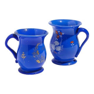 Pair of English Miniature Blue Opaline Blown Glass Mugs, C. 1830 For Sale
