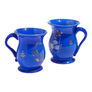 Pair of English Miniature Blue Opaline Blown Glass Mugs, C. 1830