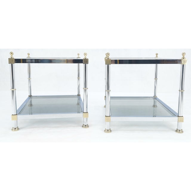 Pair of Rectangle Chrome & Brass Smoked Glass Two Tier End Side Tables MINT! For Sale - Image 6 of 9