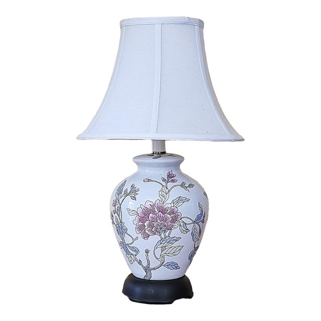 Vintage Chinoiserie Floral Porcelain Table Lamp With Hand-Painted Botanical Design For Sale