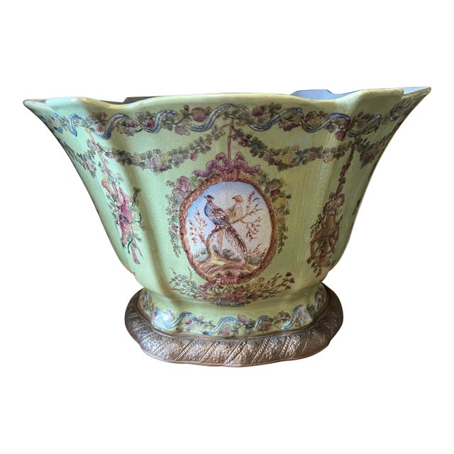 Antique Green Pheasant Bird and Floral Garland Porcelain Bowl / Brass Footed Cache Pot / Jardiniere For Sale