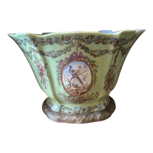 Antique Green Pheasant Bird and Floral Garland Porcelain Bowl / Brass Footed Cache Pot / Jardiniere