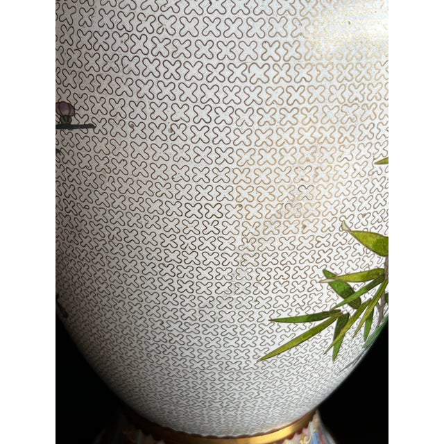 Metal Large Vintage Chinese Cloisonné Vase - White With Flowers and Blue Birds For Sale - Image 7 of 12