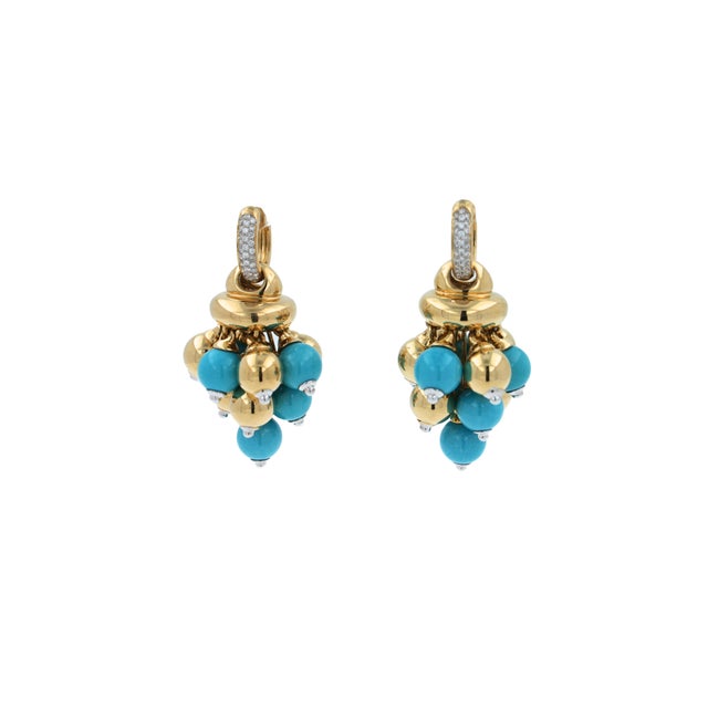 Modern Blue Turquoise Diamonds Golden Sphere Bells Motif Two Tone Gold Huggie Earrings, A Pair For Sale - Image 3 of 14