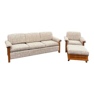 1950s Vintage Beige & Cream Sofa, Chair & Ottoman Set- 3 Pieces For Sale