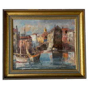 1970's Vintage Fish Harbor of St. Tropez Oil on Canvas Painting, Signed