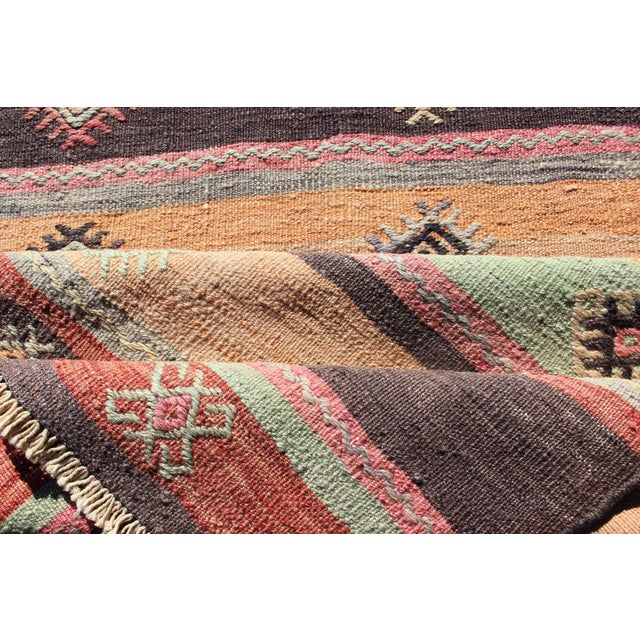 Mid 20th Century Colorful Vintage Embroidered Kilim Runner With Stripe's and Geometric Prints For Sale - Image 5 of 13