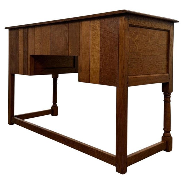 Antique English Oak Writing Table with Matching Stool, 1900s, Set of 2 For Sale - Image 15 of 18
