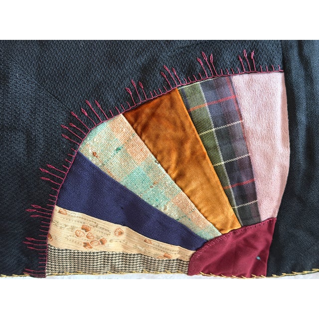 1920s Crazy Quilt Fan Pattern With Embroidered Date and the Word Mother 69" X 80" For Sale - Image 11 of 17