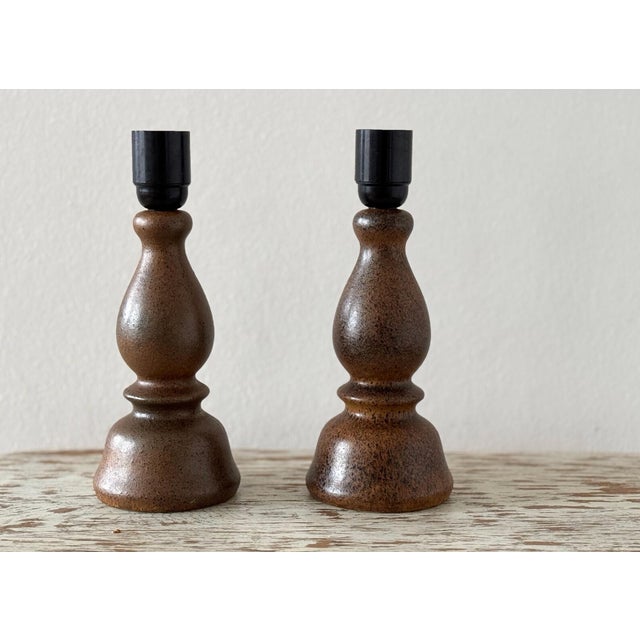 Pair of table lamps by Bruno Karlsson for Ego Stengods, handmade in the 1970s. This pair comes with perfectly matching...