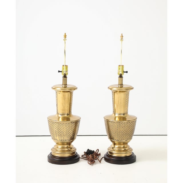 Wood 1980s Mid-Century Modern Frederick Cooper Brass Table Lamps - Pair For Sale - Image 7 of 8