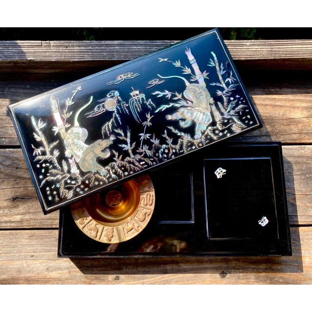 Tiger Smoking Box & Ashtray Set Circa 1950 Korean Black Lacquer Mother-of-Pearl For Sale - Image 17 of 18