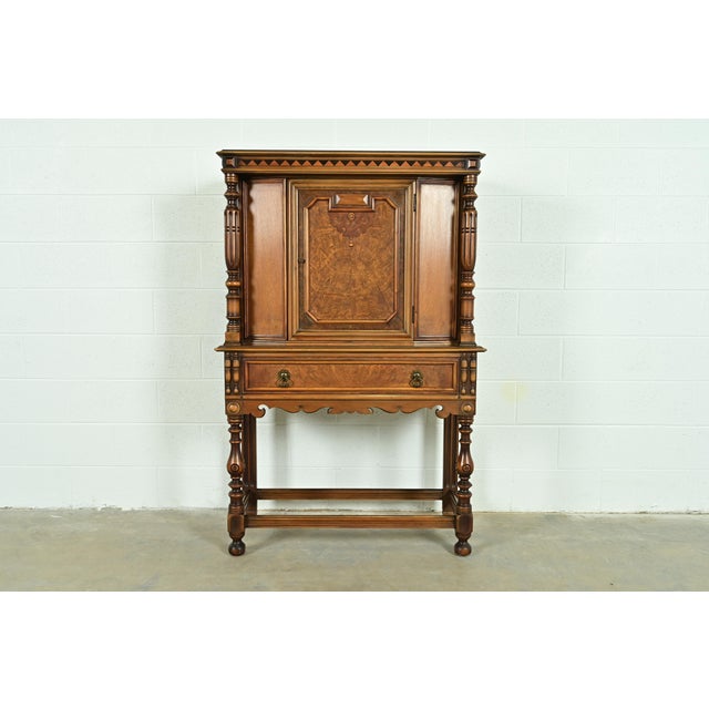 Berkey & Gay Antique English Jacobean Carved Walnut and Burl Wood Bookcase or Bar Cabinet, Circa 1920s For Sale - Image 16 of 16