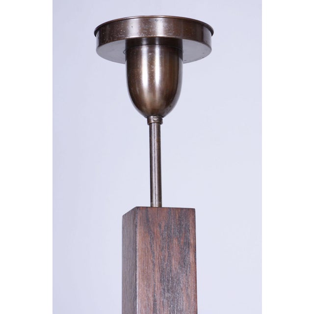 Metal Art Deco Chandelier in Oak, Brass, and Opaline Glass, Czech, 1920s For Sale - Image 7 of 10
