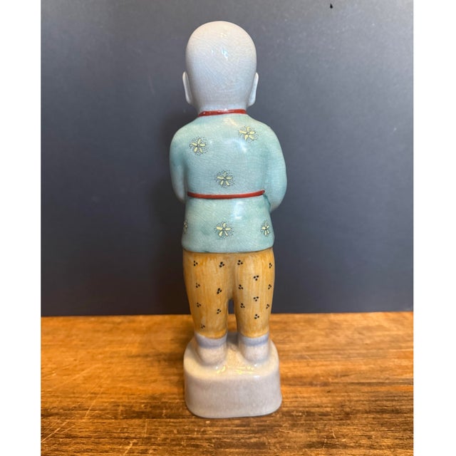 Antique Republic Period Chinese Porcelain Ho Ho Boy Figure in Wucai Glaze 12” For Sale - Image 4 of 12