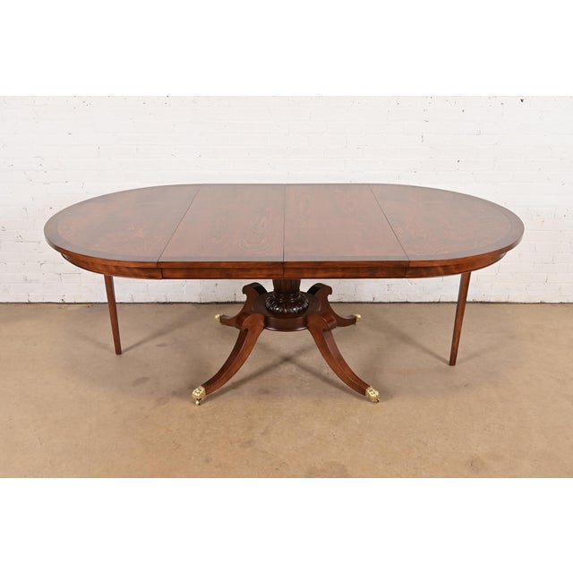Baker Furniture Style Georgian Banded Mahogany and Burl Wood Pedestal Extension Dining Table, Newly Refinished For Sale In South Bend - Image 6 of 14