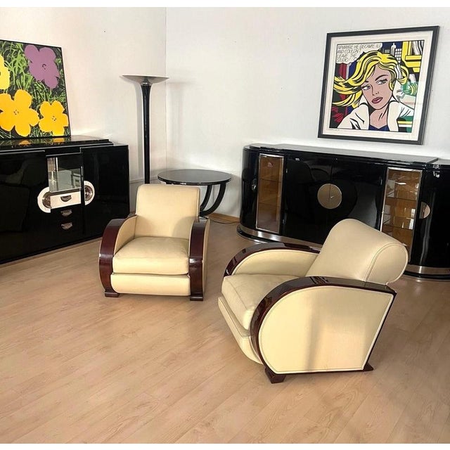 Art Deco Club Chairs in Cream Leather and Lacquered Wood, 1930 For Sale - Image 18 of 18