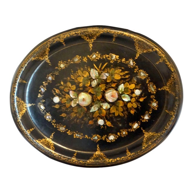 19th Century English Papier-Mâché Chinoiserie Tray. With Mother of Pearl Inlay For Sale
