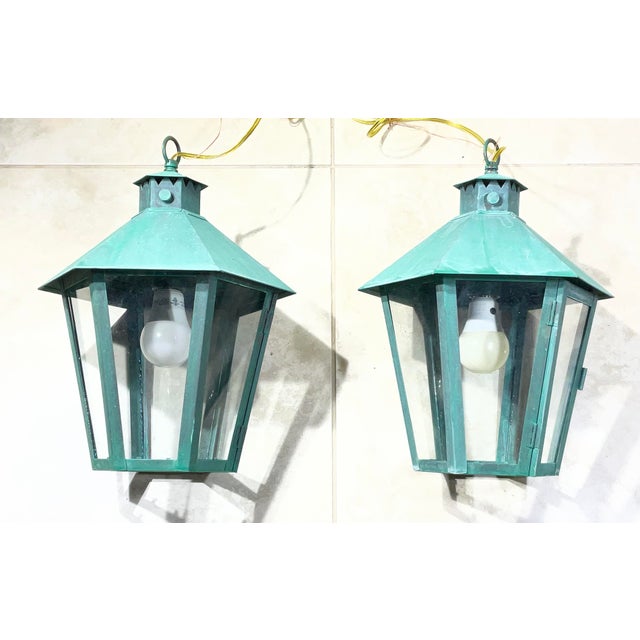 Hand-Crafted Vintage Solid Brass Hexagonal Hanging Lanterns, Usa For Sale In Miami - Image 6 of 16