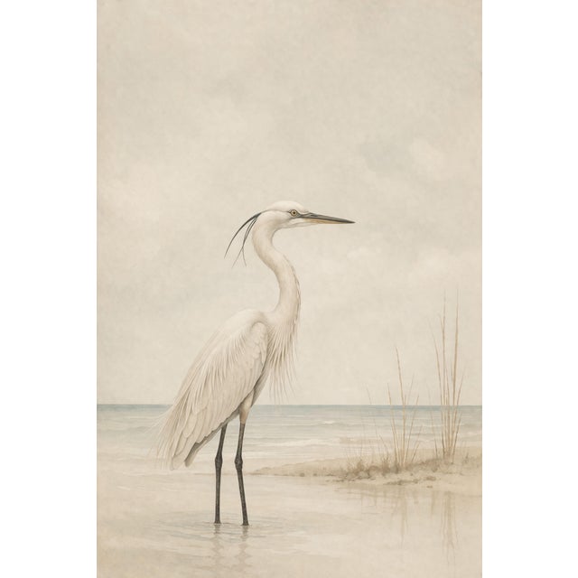 White Egret Coastal Study, Minimalist Bird Wall Art Print, 40" X 60" For Sale
