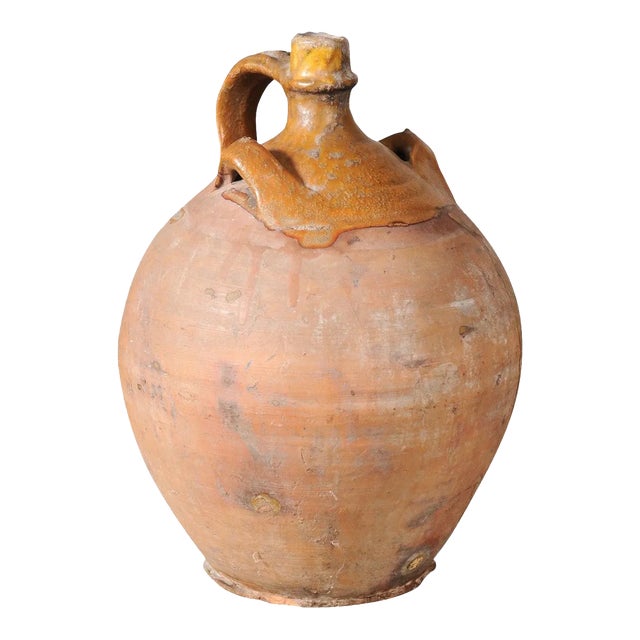 Rustic French 19th Century Pottery Jug with Yellow Glaze and Three Handles For Sale