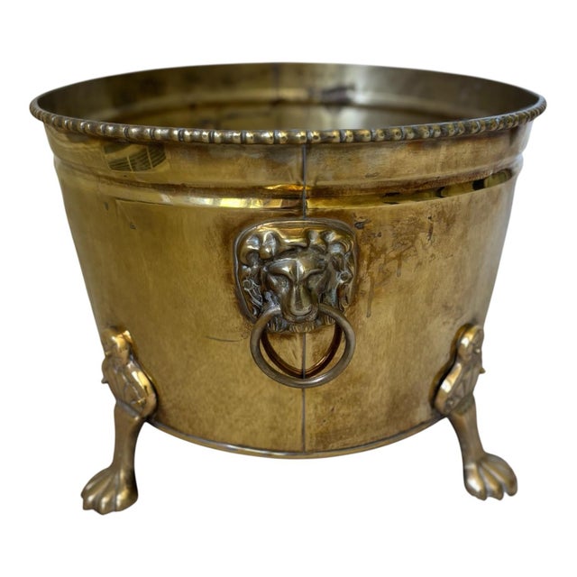 Chinoiserie Vintage Asian Motif Lion Head Oval Brass Cachepot Planter For Sale - Image 3 of 9