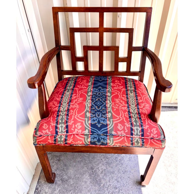 1970s Chinese Chippendale Ming Mahogany Upholstered Fretwork Wood Armchairs, a Pair For Sale - Image 11 of 11