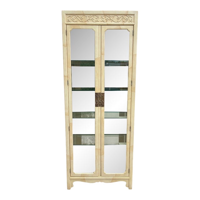 Vintage Henredon Faux Goatskin Pan Asian Campaign Curio Cabinet Hutch Display B For Sale