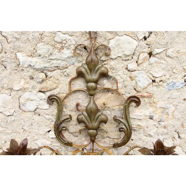 Antique French Chateau Fleur De Lis Wrought Iron Threerm Wall Sconces - a Pair For Sale - Image 9 of 13