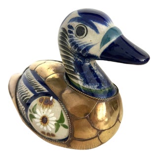 Vintage Sergio Bustamante Style Ceramic and Brass Bird Table Sculpture For Sale