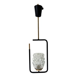 French Mid-Century Modern Black Metal, Brass & Pressed Glass Pendant Light, France, 1950s For Sale